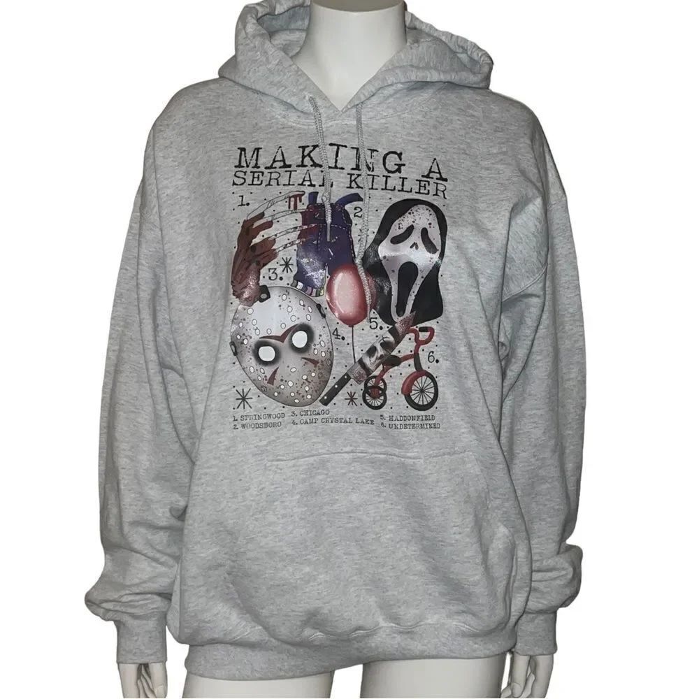 Gildan Making a Serial Killer Womens Gray Hoodie Sweatshirt Large EUC